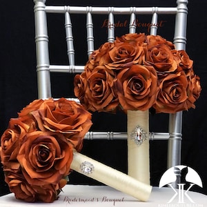 Burnt Orange Rose Bridesmaid Bouquet with Brooch Handle