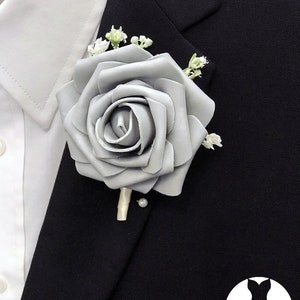 GRAY BOUTONNIERE With Baby's Breath & Pearl or Rhinestone Lomey Pin ...