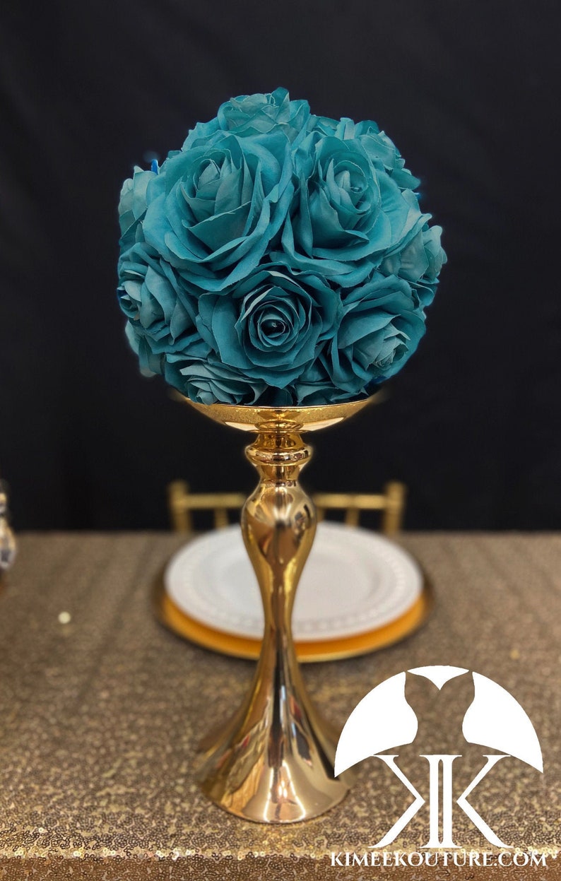 TEAL FLOWER BALL. Teal Kissing Ball. Teal Pomander. Silk Rose Ball. Teal Wedding Centerpiece. Pick Rose Color. Teal Centerpiece image 1