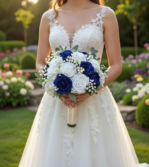 ivory and royal blue wedding dress & Rose Bridal Bouquet: Handmade Flowers size: 5X Grey Wedding Guest Dress Men's Size:Euro 46 = US 12 Key Features