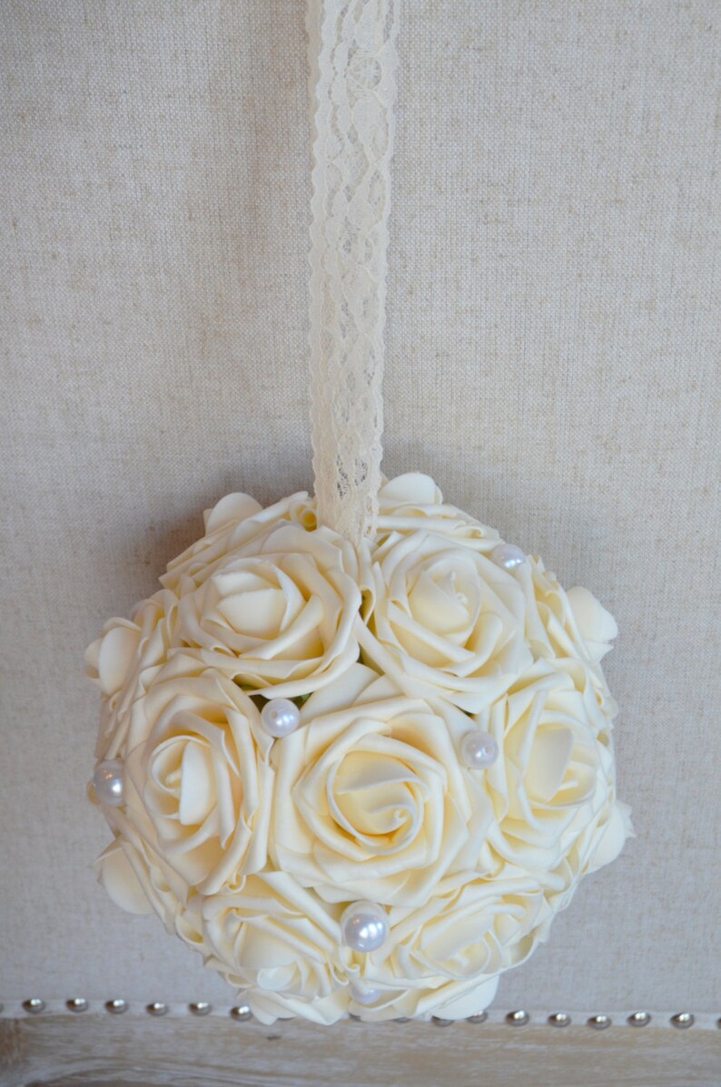 CREAM Kissing Ball With Large Pearls. Flower Girl Bouquet. Etsy