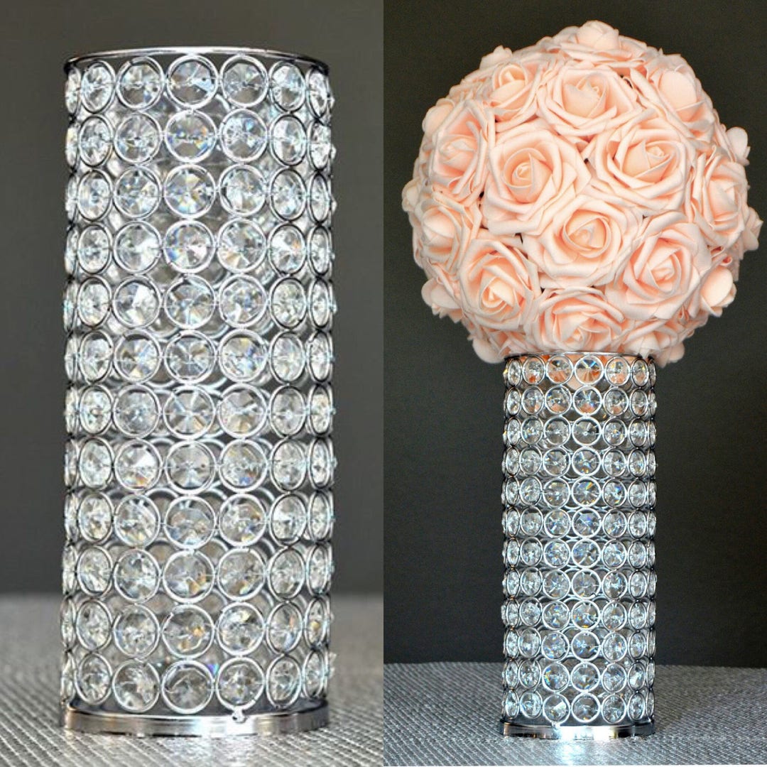 RHINESTONE Candle Holder. RHINESTONE VASE. Silver Bling Centerpiece