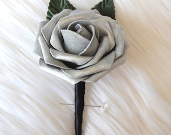 SILVER BOUTONNIERE. Wedding Single Rose & Ribbon Boutonniere with Foliage. Includes Pearl or Rhinestone Pin.