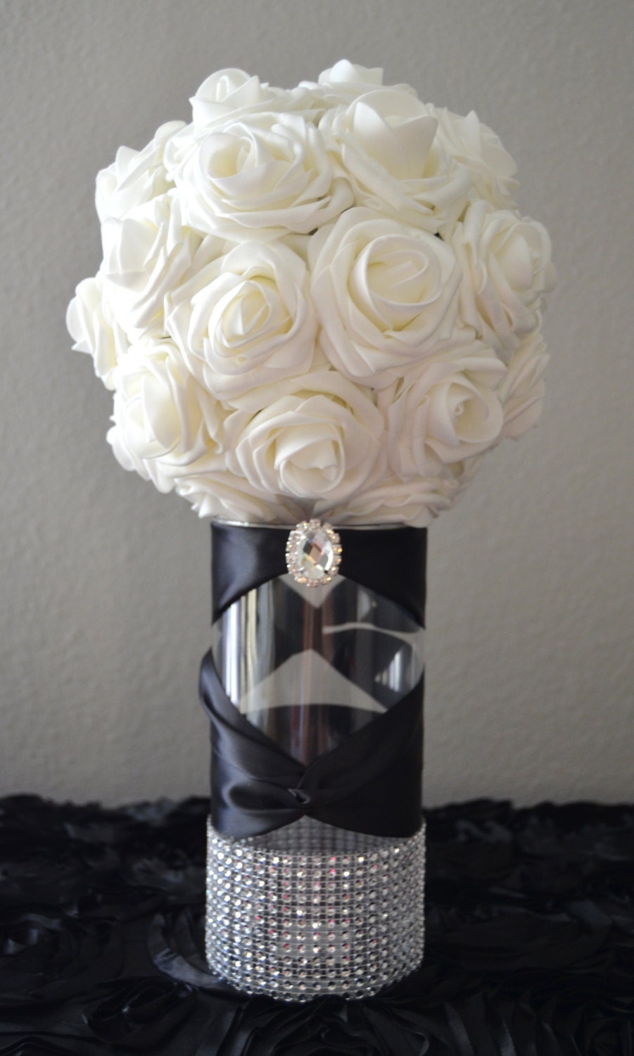 Rhinestone Vase with large bling gem. Switchback Satin Ribbon Etsy