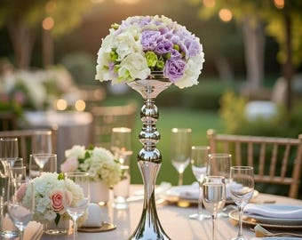 Silver Wedding Centerpiece Stand: Bouquet Vase, Table Decor | Metallic Chrome Pedestal, Elegant Tall Floral Stand & Candle Holder Home Decor