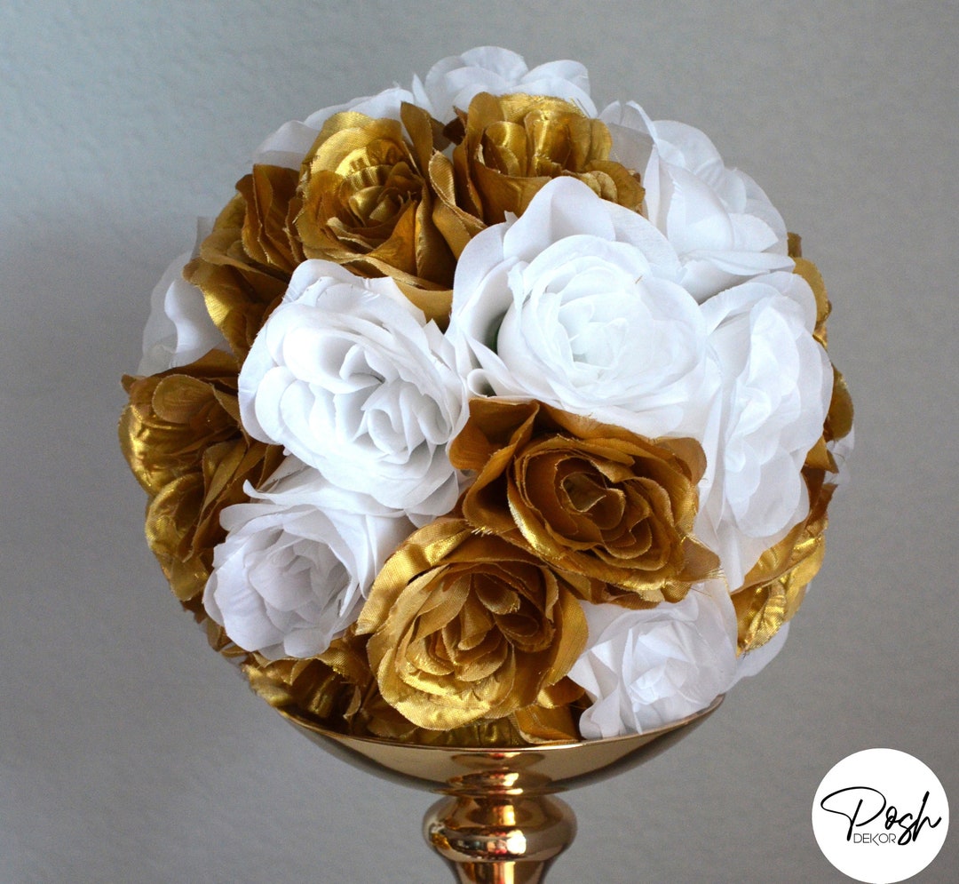 WHITE & GOLD Flower Ball MIX. White and Gold Wedding Centerpiece. White