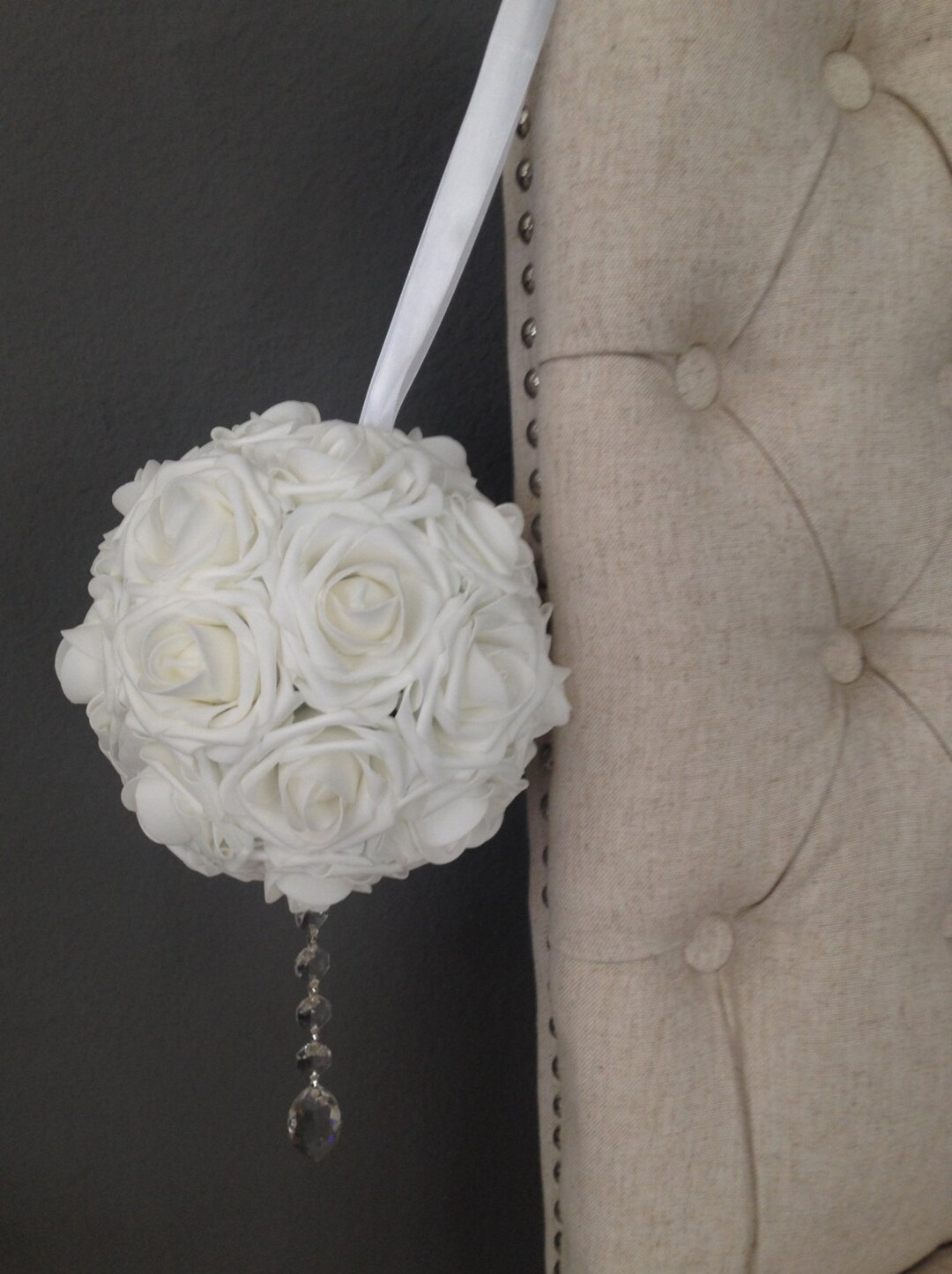WHITE Flower Ball With CRYSTAL Bling Ornament. Wedding Centerpiece