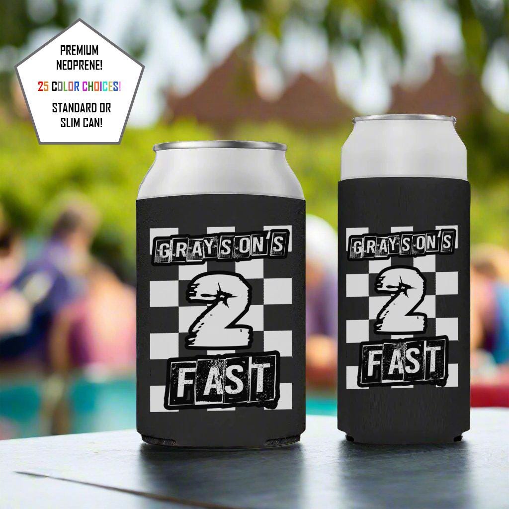 Checker 2nd Birthday Can Insulator Cooler - Personalized 2 Fast Birthday Favor Coolie