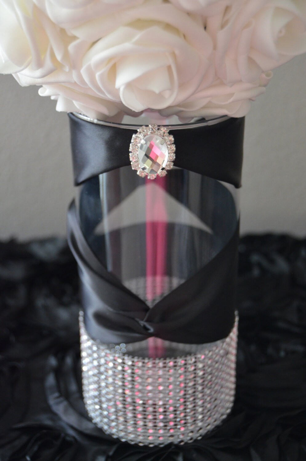 Rhinestone Vase with large bling gem. Switchback Satin Ribbon Etsy