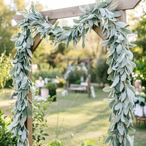 Dusty Lambs Ear Garland: 6ft Artificial Greenery Vine Wedding Decor | Flocked Gray-Green Lamb's Ear Vine, Rustic Table Runner, Arch Swag