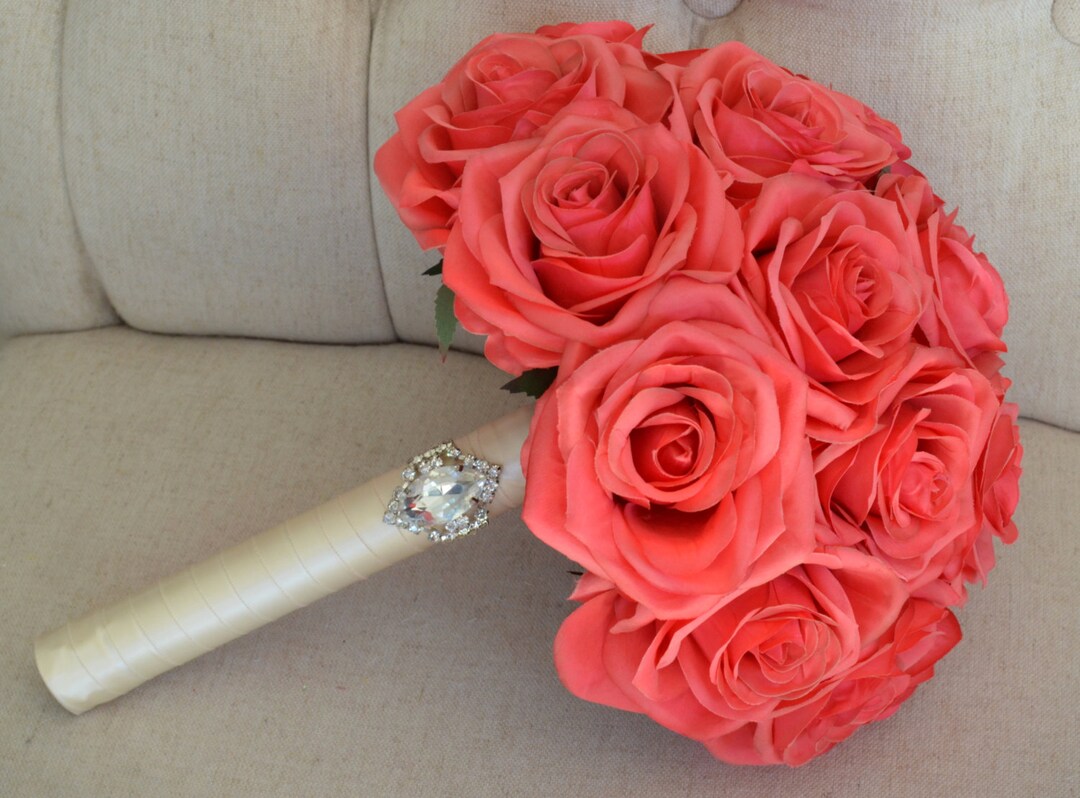 CORAL BRIDAL Bouquet. Real Touch Silk Roses. BROOCH Bouquet. Etsy