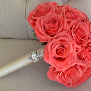 CORAL BRIDAL Bouquet. Real Touch Silk Roses. BROOCH Bouquet. Choose Your Ribbon Color. Custom Made To Order.