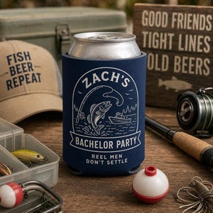 Bachelor Party Fishing Themed Can Cooler Favors Bulk | Personalized Reel Men Don't Settle Beer Sleeve, Custom Groomsmen Gifts Coolie