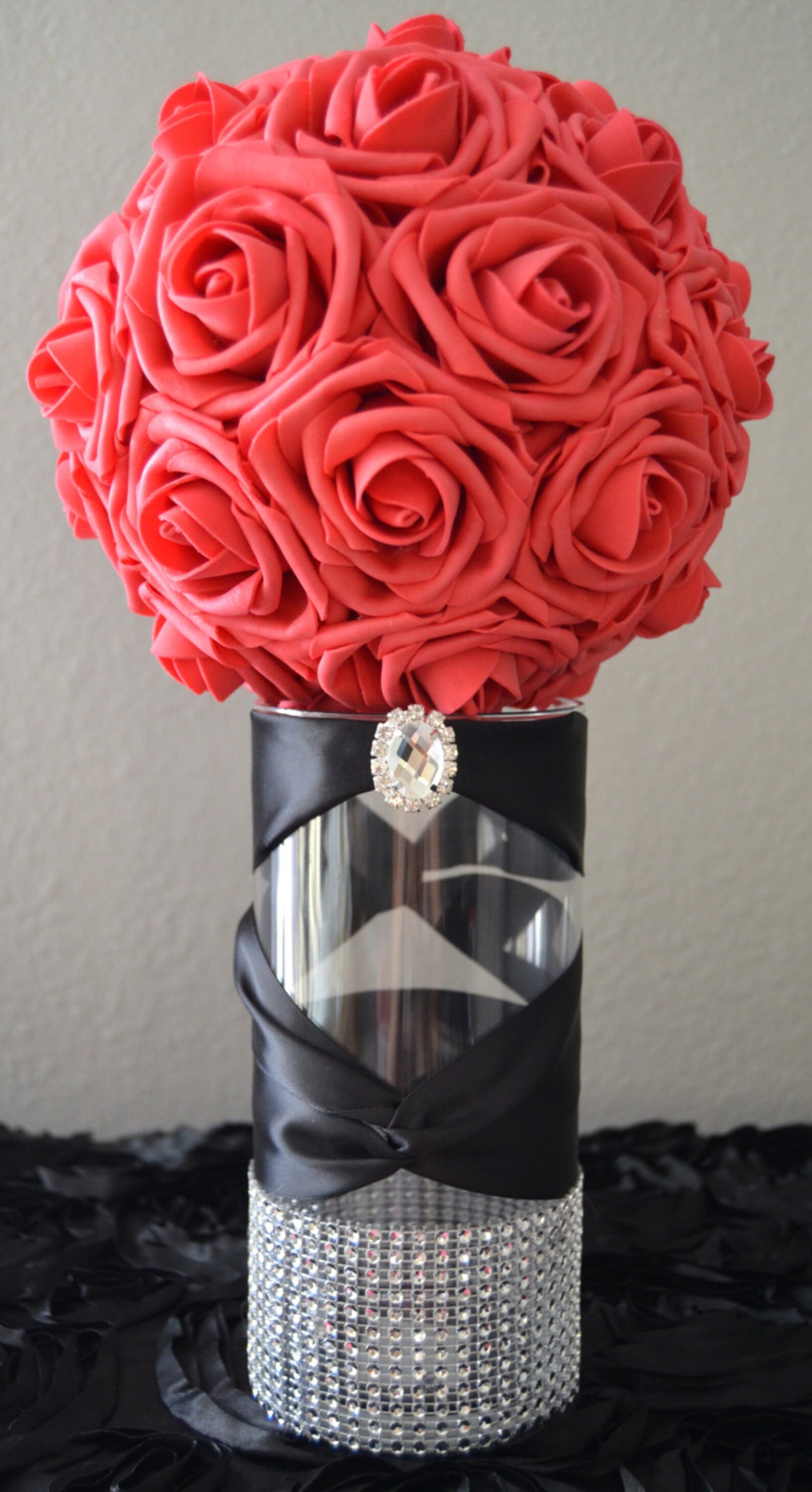 Rhinestone Vase with large bling gem. Switchback Satin Ribbon Etsy