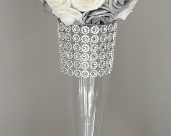 SILVER And WHITE Flower Ball, Wedding CENTERPIECE, kissing ball, pomander. Real Touch Roses. Flower Girl. Pick Your Size