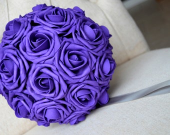 PURPLE kissing ball. Flower Ball. Pomander. Premium Real Touch Roses. Flower Girl. Wedding Centerpiece. Wedding Decor.