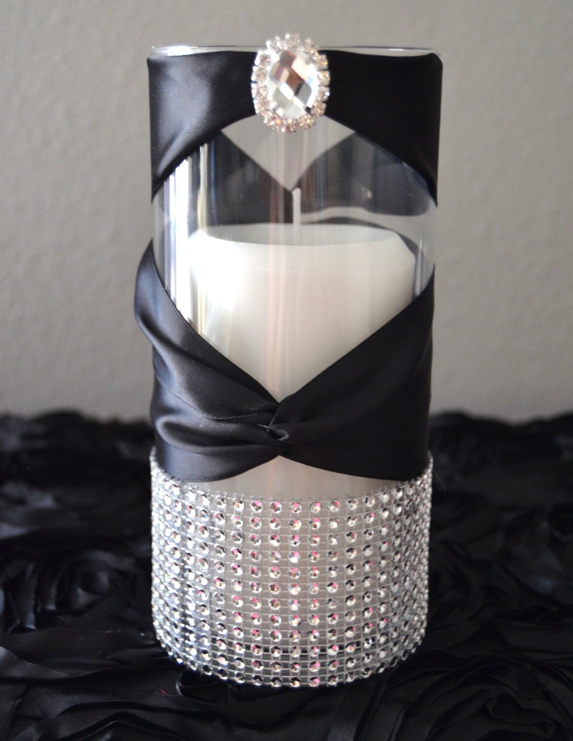 Rhinestone Vase with large bling gem. Switchback Satin Ribbon Etsy