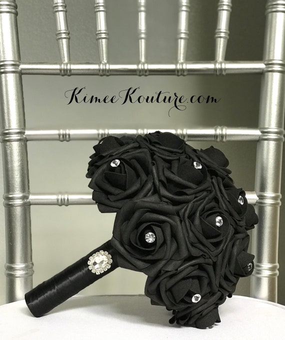 BLACK BRIDESMAID Bouquet With Rhinestone Gems and Brooch Handle