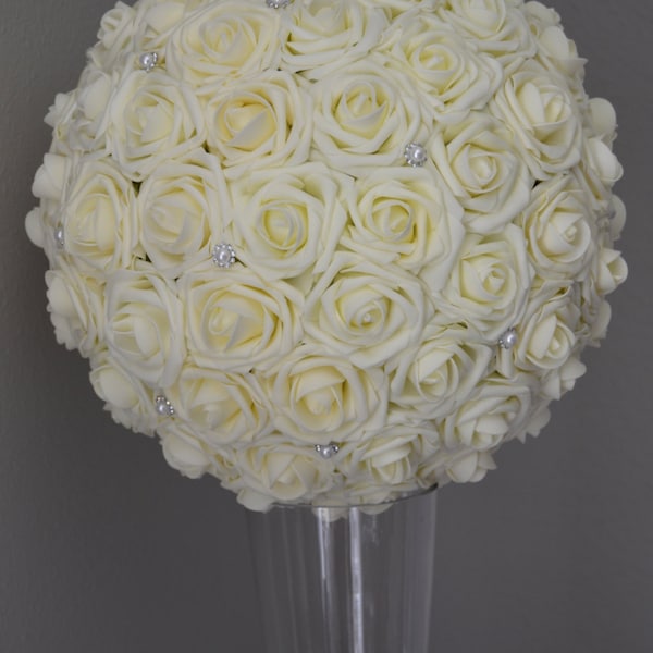 IVORY Flower Ball with Brooch Premium Real Touch Roses WEDDING CENTERPIECE wedding pomander kissing ball 6" 8" 10" 12" 14" 16"