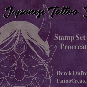May include: A purple background with a white outline of a Japanese demon mask. The text "Japanese Tattoo 3" is at the top of the image. The text "Stamp Set for Procreate" is in the middle of the image. The text "Derek Duffresne TattooCreate.net" is at the bottom of the image.