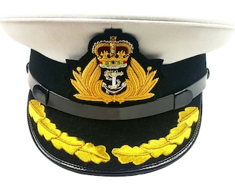 Royal navy officer hat, Naval captain peak cap, R N commanders cap bullion badge