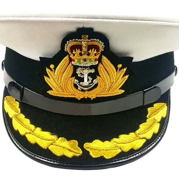 Royal navy officer hat, Naval captain peak cap, R N commanders cap bullion badge