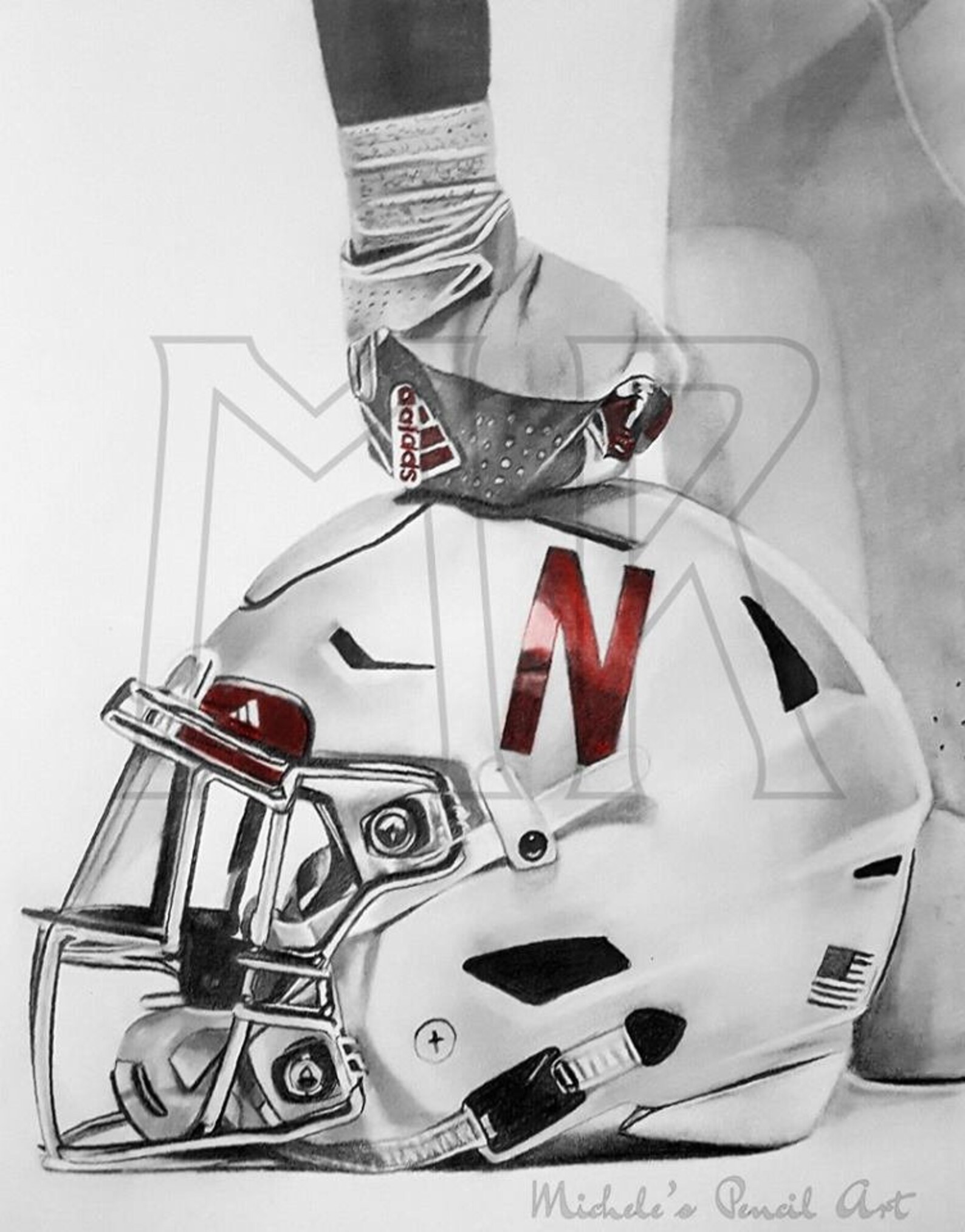 Print Nebraska Football Helmet Pencil Drawing Etsy