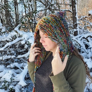 May include: A colourful knitted hooded scarf with a long, flowing tail. The scarf is made with a variety of colours, including blue, green, yellow, orange, and red. The scarf is worn by a person in a snowy woodland setting.