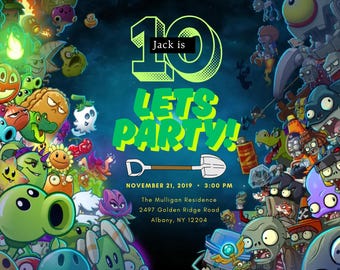 May include: A vibrant party invitation with characters from a video game. The text "10 LET'S PARTY!" is displayed prominently, with the name "Jack is" above. The date and time are included, along with the event address.