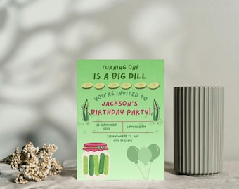 Big Dill Pickle första födelsedagsinbjudan: Redigerbar Canvas-mall (digital nedladdning)