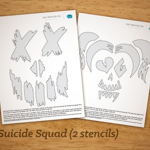 May include: Two printable stencils for carving a pumpkin with a skull design. The stencils are printed on white paper with a gray skull design. The text "Suicide Squad (2 stencils)" is printed below the stencils.