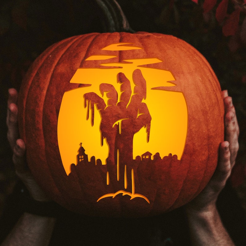 Printable Pumpkin Carving Pattern Zombie Hand Etsy