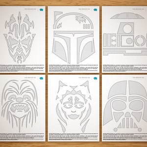 以下が含まれることがあります： スター・ウォーズのキャラクターをフィーチャーした、印刷可能なパンプキンカービングステンシル6枚。ダース・ベイダー、ボバ・フェット、R2-D2、チューバッカ、レイア姫、ストームトルーパー。各ステンシルには、簡単にトレースできる点線の模様があります。