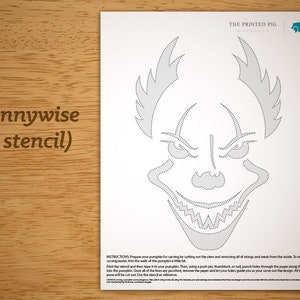 May include: Printable stencil for carving a pumpkin into the shape of Pennywise, the evil clown from the movie IT. The stencil is black and white and shows a detailed outline of Pennywise's face with a menacing smile.