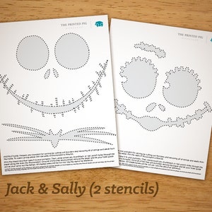 May include: Two printable stencils for carving pumpkins. The stencils are for Jack Skellington and Sally from the Nightmare Before Christmas film. The stencils are printed on white paper with black dotted lines.
