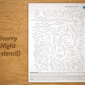 May include: A printable pumpkin carving stencil with a starry night design. The stencil is printed on white paper and has a dotted line pattern. The text "Starry Night (1 stencil)" is printed at the top of the page. The text "The Printed Pig Workshop" is printed at the top right corner of the page.