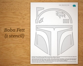 Patrón imprimible para tallar calabazas: Boba Fett de Star Wars, El Mandaloriano, Cazarrecompensas, Grogu