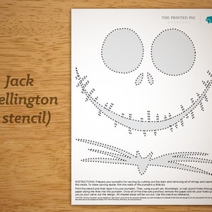 May include: Printable stencil for carving a Jack Skellington pumpkin. The stencil features a black and white outline of Jack Skellington's face with a dotted line pattern. The text "Jack Skellington (1 stencil)" is printed on the left side of the page. The text "THE PRINTED PIG" is printed in the top right corner of the page.