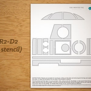 May include: Printable stencil of R2-D2, a robot from Star Wars, for carving a pumpkin. The stencil is black and white and has dotted lines to guide the user in carving the pumpkin.