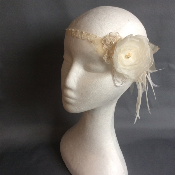 Flapper zendspoel vintage charme art deco bruiloft, vintage glam, ivory, crème, goud Great Gatsby, vintage lace & veren, stijl van de jaren 1920