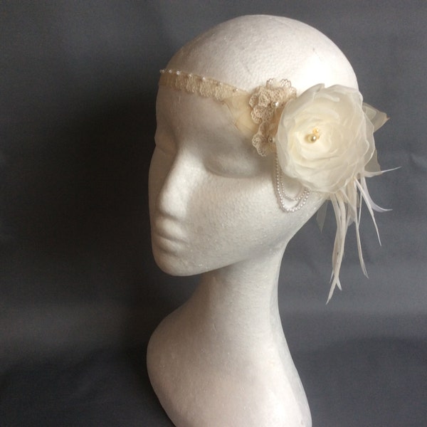 Flapper headpiece, vintage charm art deco wedding, vintage glam, ivory, cream, gold Great Gatsby, vintage lace & feathers, 1920s style