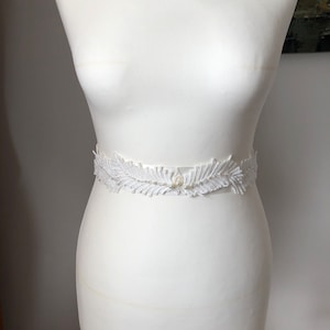 Art deco feather bridal sash for wedding dress; wedding sash embellished with embroidered feather motifs, beads and crystals