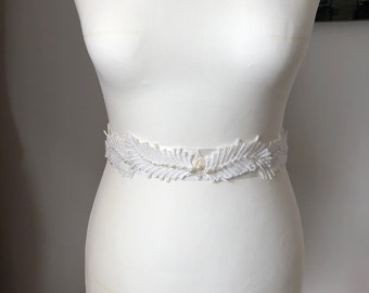 Art deco feather bridal sash for wedding dress; wedding sash embellished with embroidered feather motifs, beads and crystals