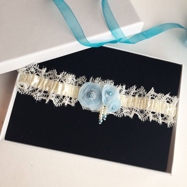 Brides wedding garter UK, with Something Blue fabric flowers, bridal lingerie, undergarment gift for bride to be, lace garter, prom garter image 7