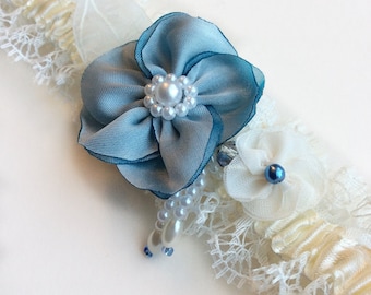 Bridal shower gift: a wedding garter with Something Blue, floral bridal garter, keepsake garter, gift for bride to be