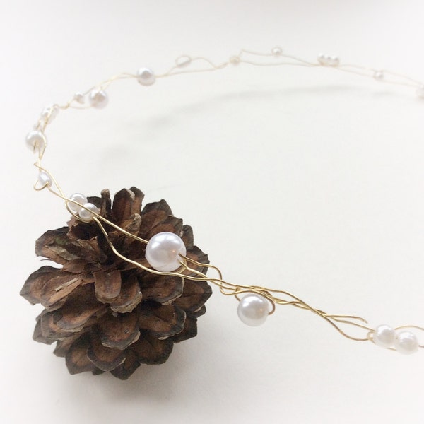 Gold circlet with pearl beads, ivory bridal halo, boho wedding hair accessories, silver circlet, rustic hair vine bridal