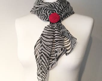 Zebra print silk scarf, black and white accessories with a red rose, classic gift for her, Christmas present for mum