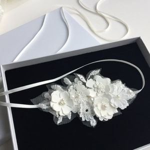 Lace and flowers bridal headpiece, delicate fabric flower headband for boho wedding, or a modern bride looking for unique hair accessories image 10