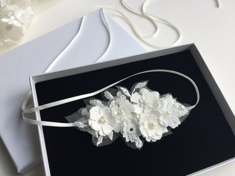 Lace and flowers bridal headpiece, delicate fabric flower headband for boho wedding, or a modern bride looking for unique hair accessories image 10
