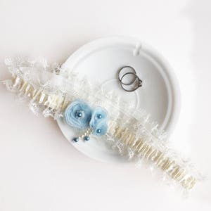 Brides wedding garter UK, with Something Blue fabric flowers, bridal lingerie, undergarment gift for bride to be, lace garter, prom garter image 1